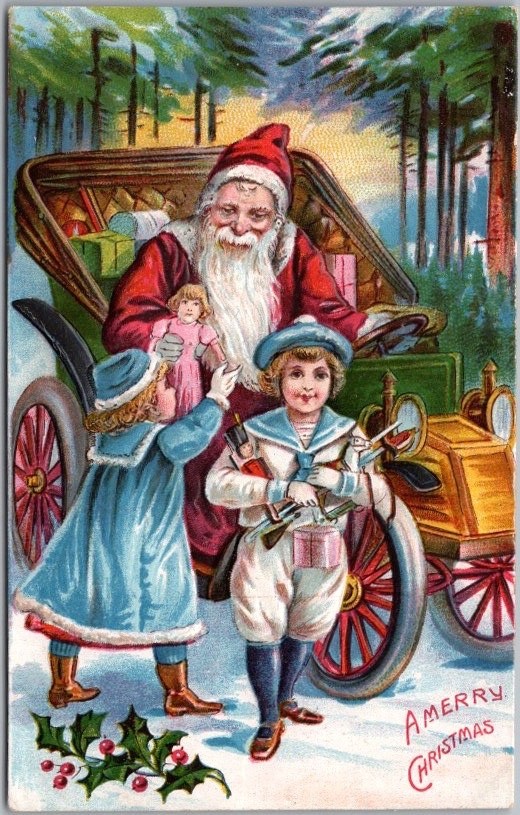 c1910s MERRY CHRISTMAS Postcard SANTA CLAUS with Boy & Girl / Automobile -UNUSED