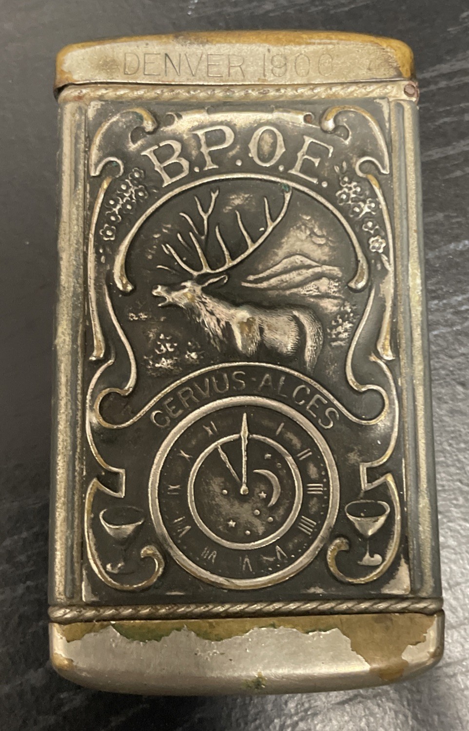 Antique Brass Embossed B.P.O.E Elks Lodge Fraternal Advertising Match Safe Case Antique Brass Embossed B.P.O.E Elks Lodge Fraternal Advertising Match Safe Case