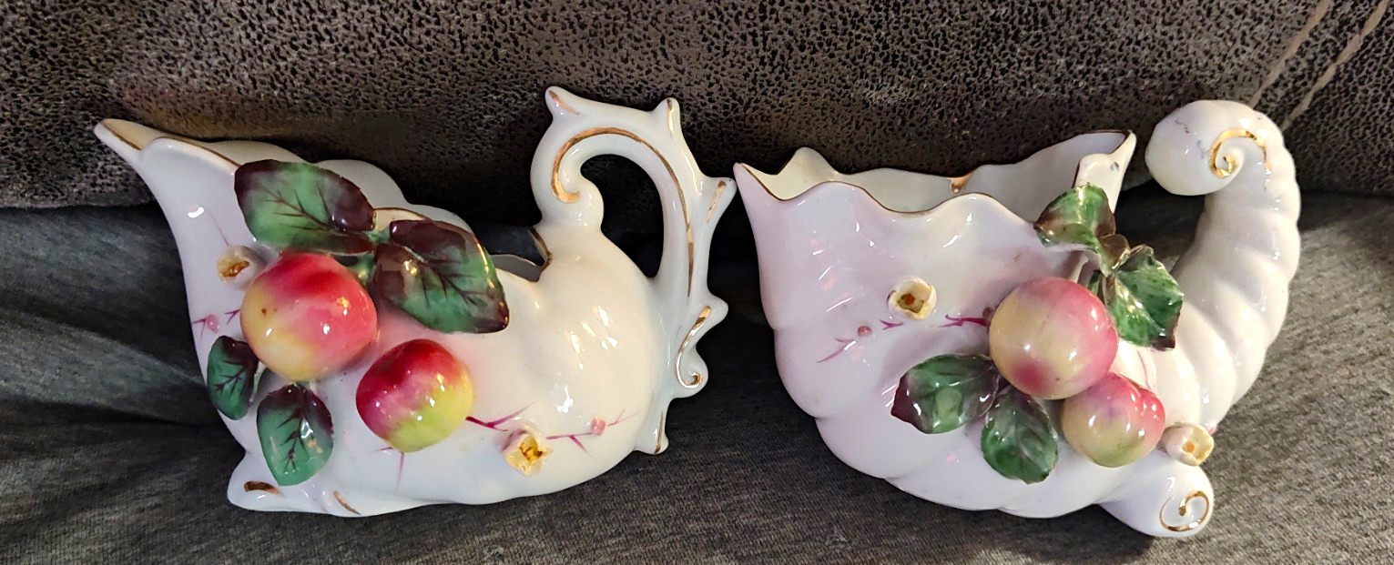 Vintage Japan Glazed Fruit Creamer & Sugar Bowl Set w Handles, 2pc Vintage Japan Glazed Fruit Creamer & Sugar Bowl Set w Handles, 2pc