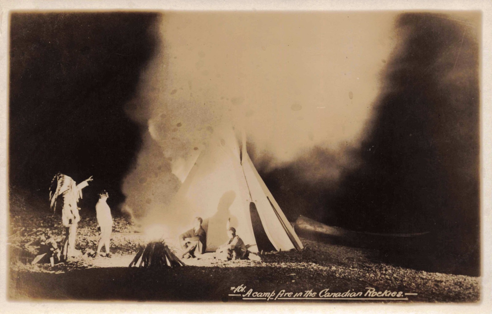 RPPC Indian Chief Campfire at Night Canadian Rockies Teepee Real Photo Postcard RPPC Indian Chief Campfire at Night Canadian Rockies Teepee Real Photo Postcard