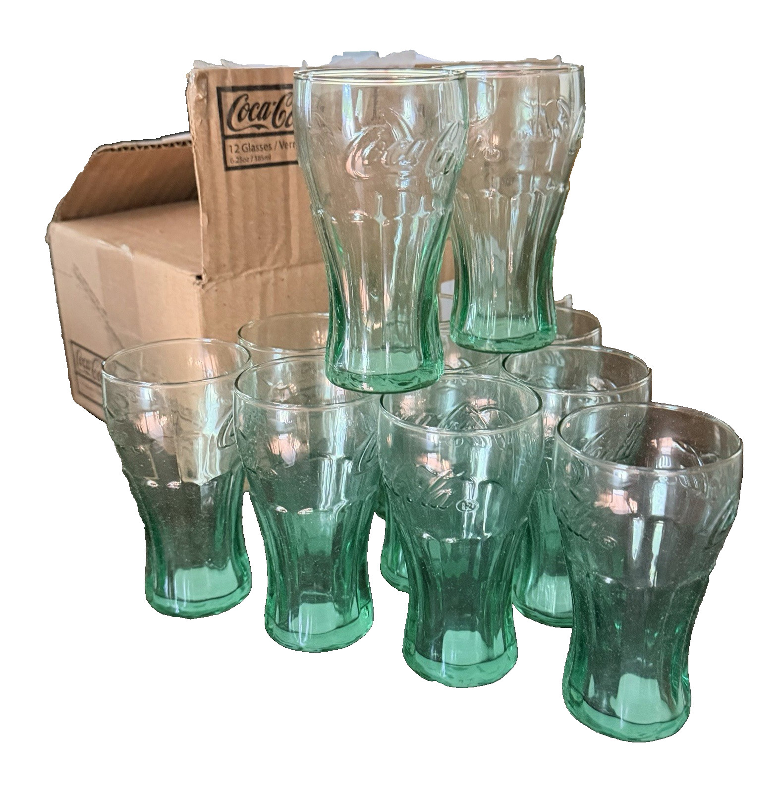 12 pack Libbey Coca Cola Coke Glasses Juice 6.25oz Tumbler Green Retro Glass Lot