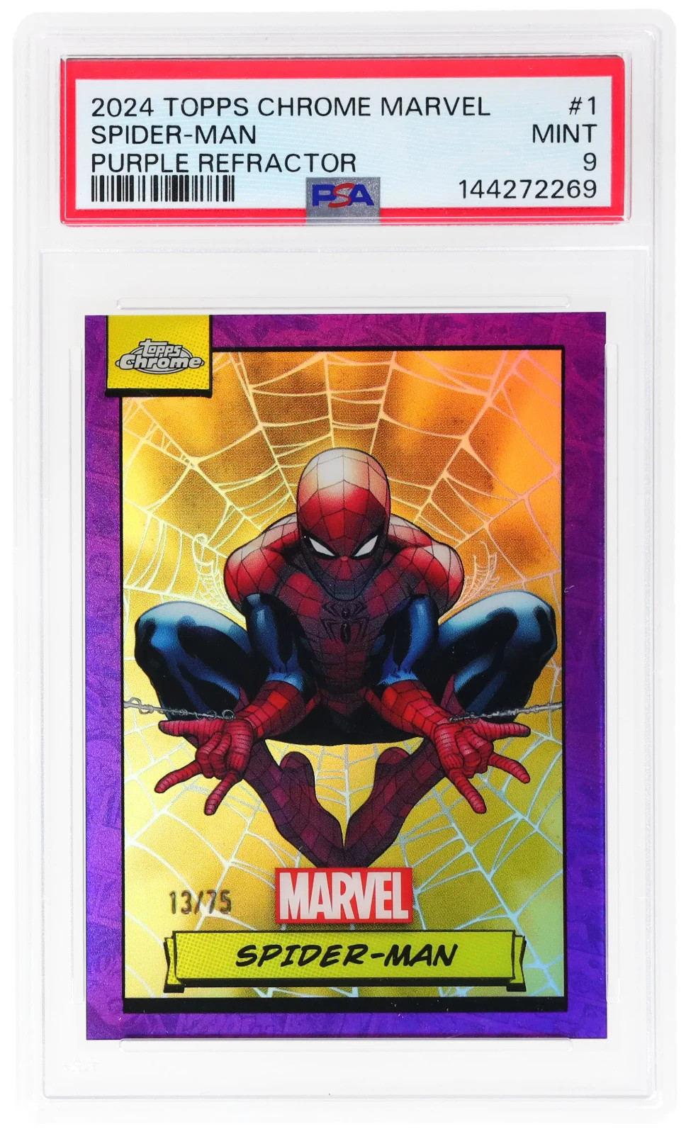 2024 Topps Chrome Marvel Purple Refractor #1 Spider-Man 13/75 PSA 9 POP 17 2024 Topps Chrome Marvel Purple Refractor #1 Spider-Man 13/75 PSA 9 POP 17