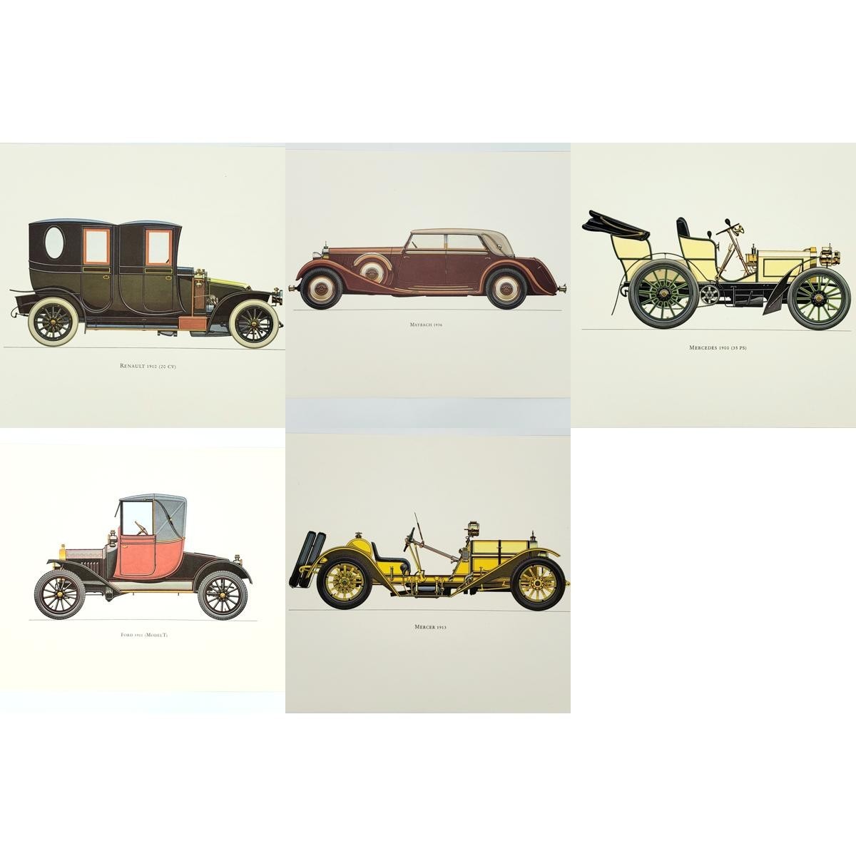 Lot of 5 Vintage Classic Car Lithographs – Published London 1960's Lot of 5 Vintage Classic Car Lithographs – Published London 1960's