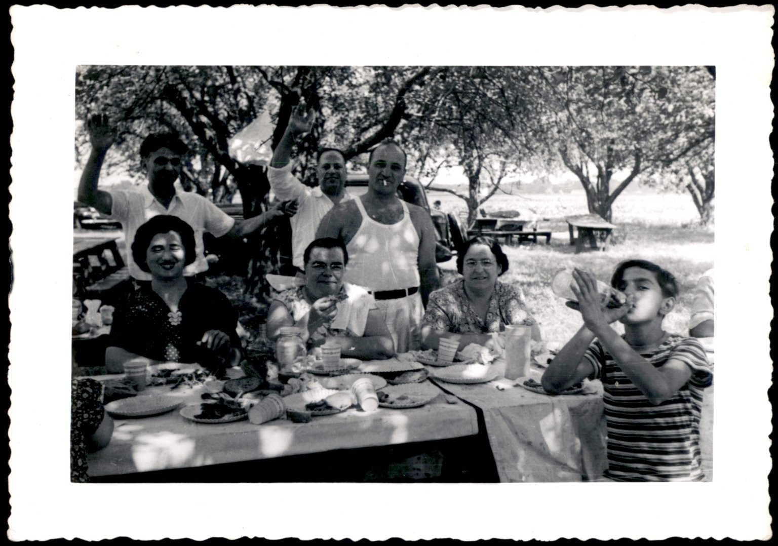 Picnic Group Family 1950s Snapshot Photograph Outdoor Gathering Candid