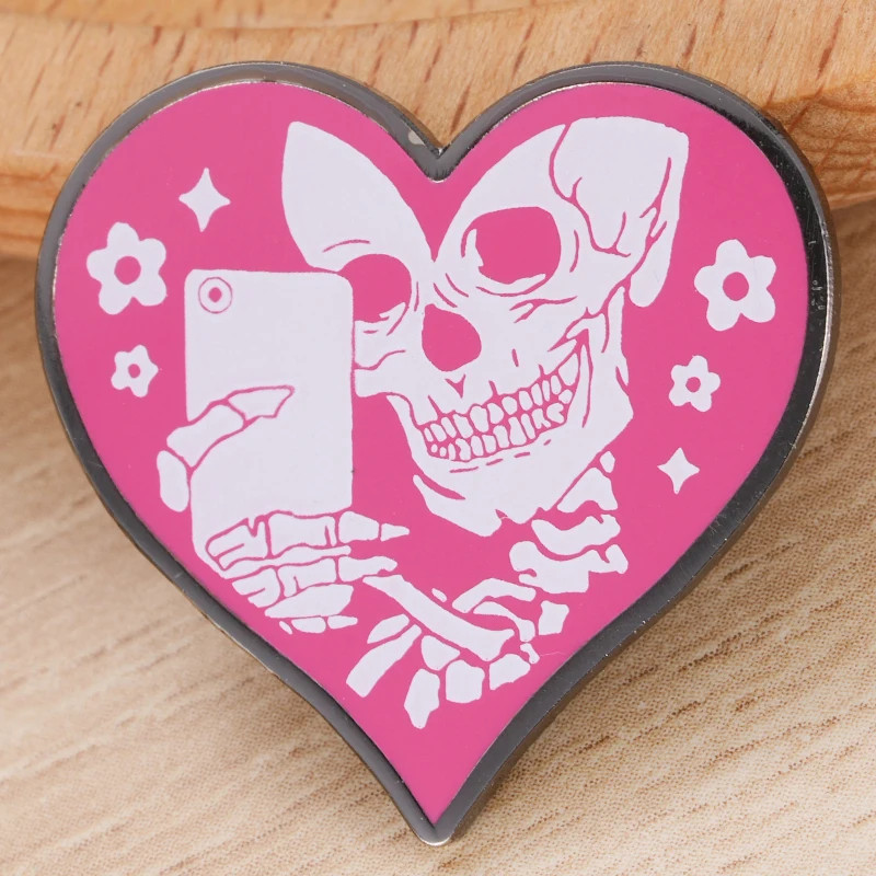 Skelton Selfie Goth Halloween Heart Enamel Pin