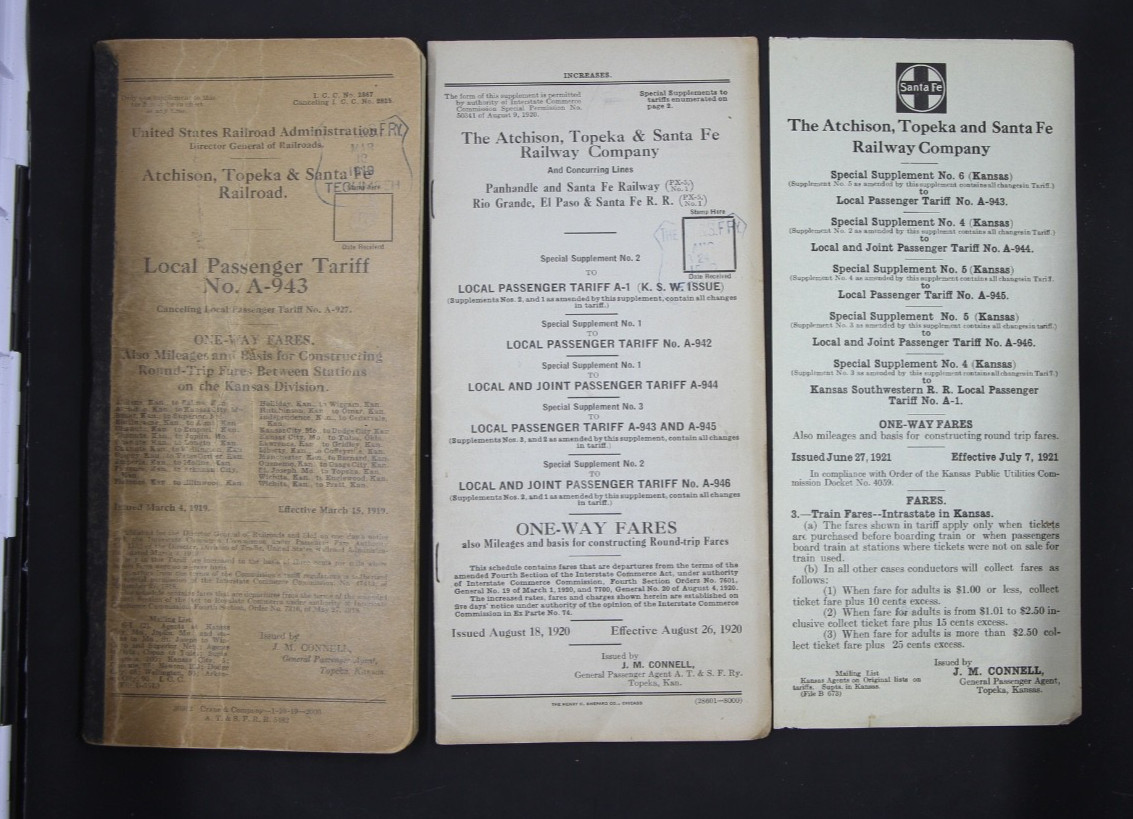 1919 AT&SF / Santa Fe Railroad Kansas Division Passenger Tariff No. A-943