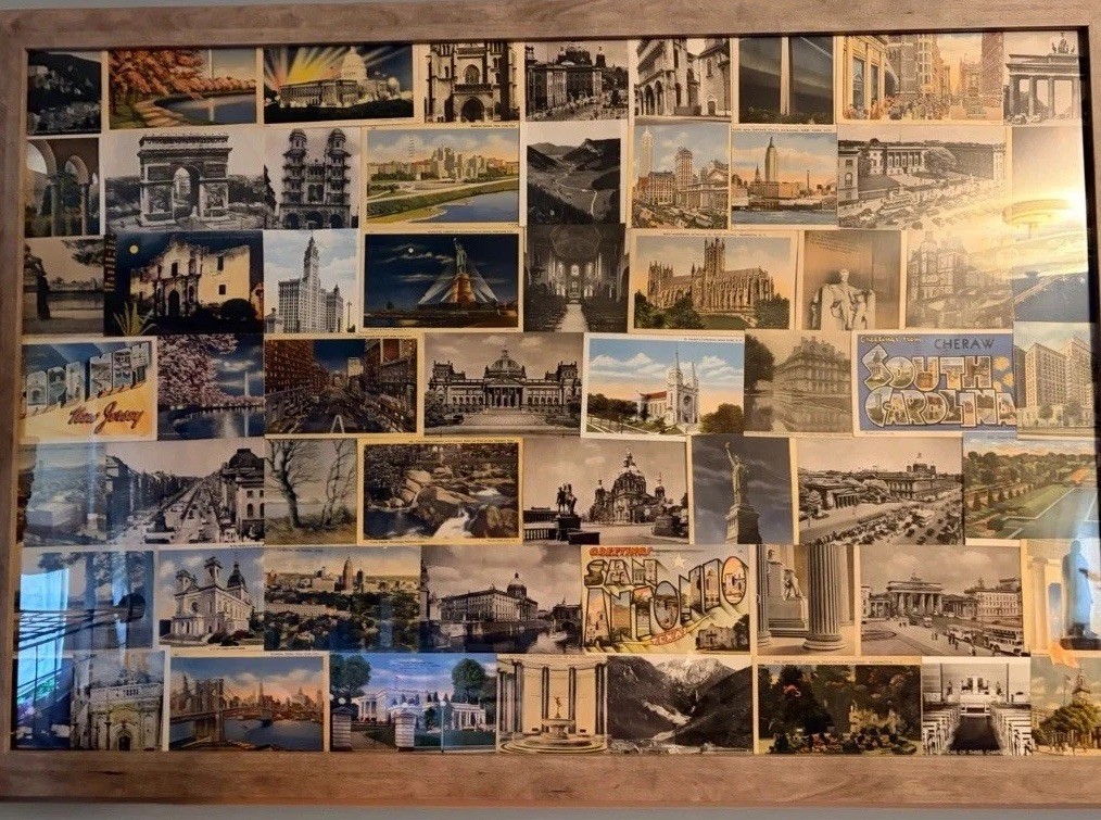 Framed collage of vintage postcards postmarked 1941-1948 Framed collage of vintage postcards postmarked 1941-1948
