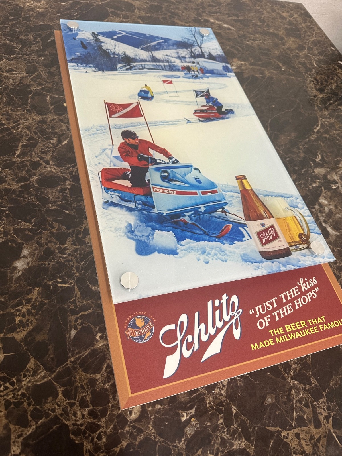 Schlitz Beer Sign with vintage snowmobile scene 12 Schlitz Beer Sign with vintage snowmobile scene 12