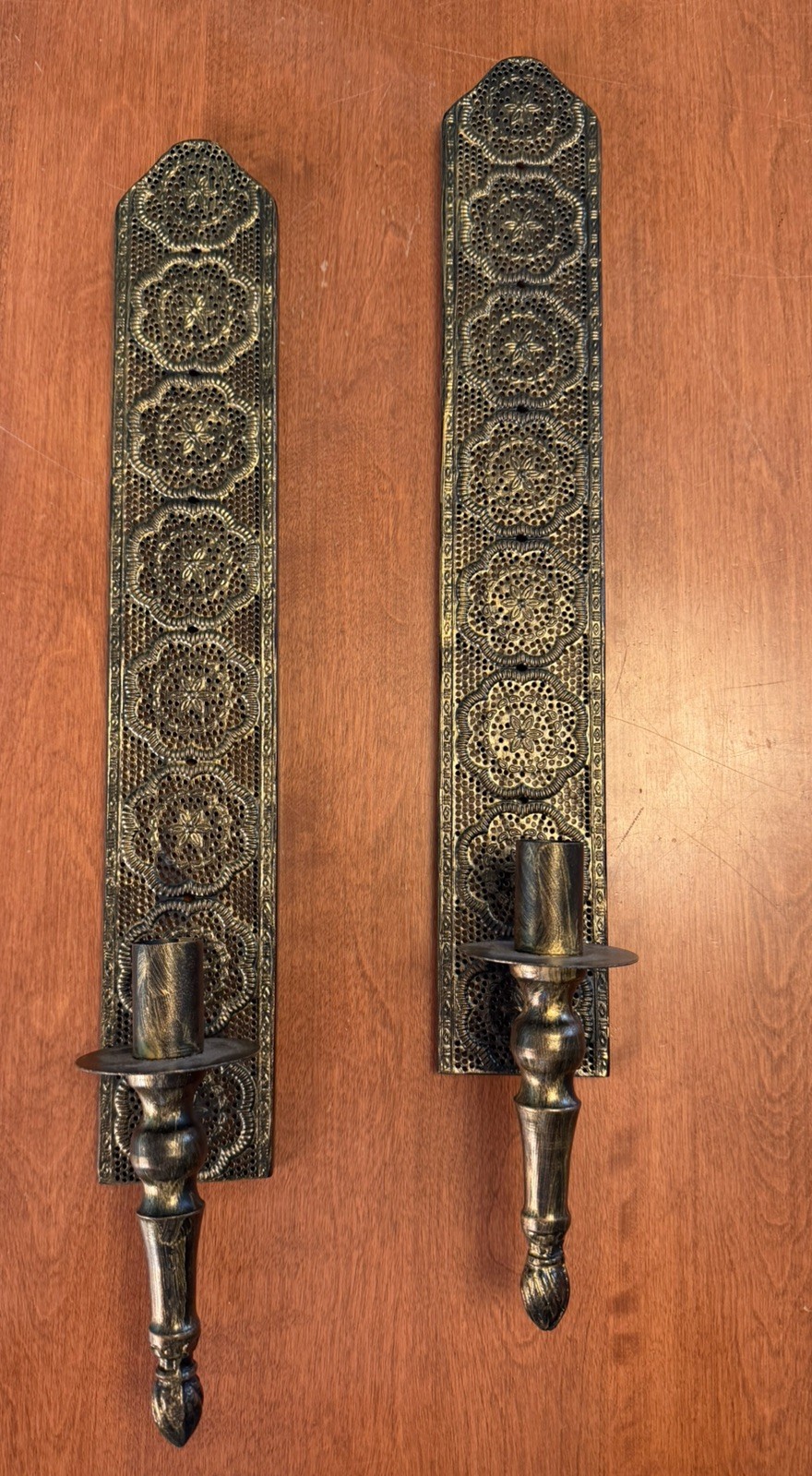 VTG Antique Gold over black Metal Candle Wall Sconces Hollywood Regency 21” VTG Antique Gold over black Metal Candle Wall Sconces Hollywood Regency 21”