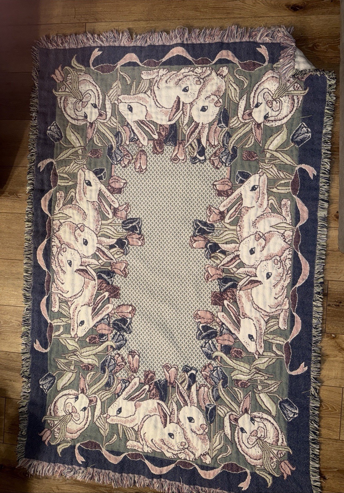 MWW 1992 Easter Bunny Rabbits Foam Green Blue Floral Tapestry Cotton Throw MWW 1992 Easter Bunny Rabbits Foam Green Blue Floral Tapestry Cotton Throw
