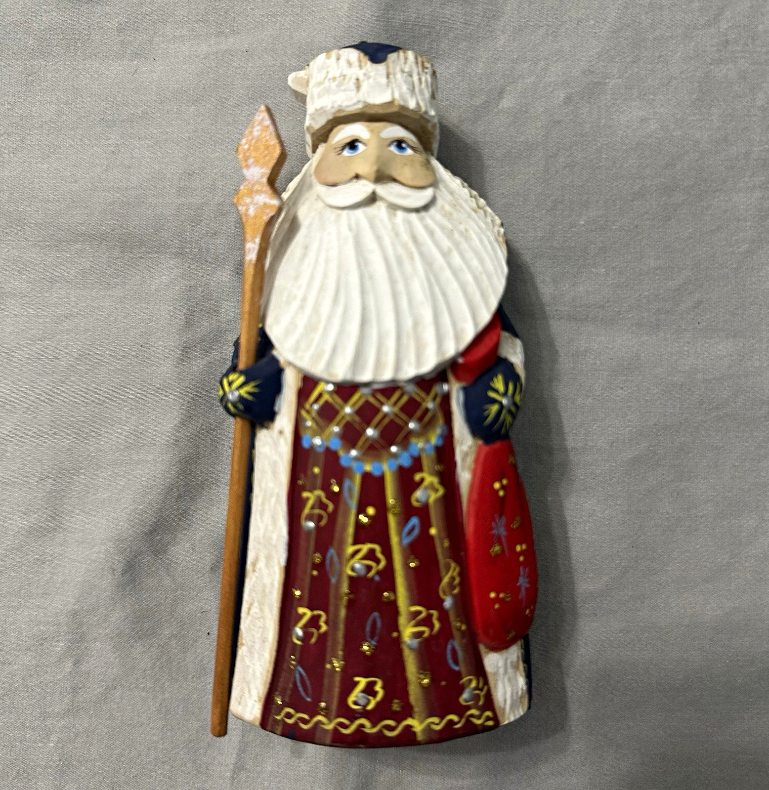 Vintage Russian Santa Figurine Hand Carved Wood Ded Moroz Staff Toy Bag Signed