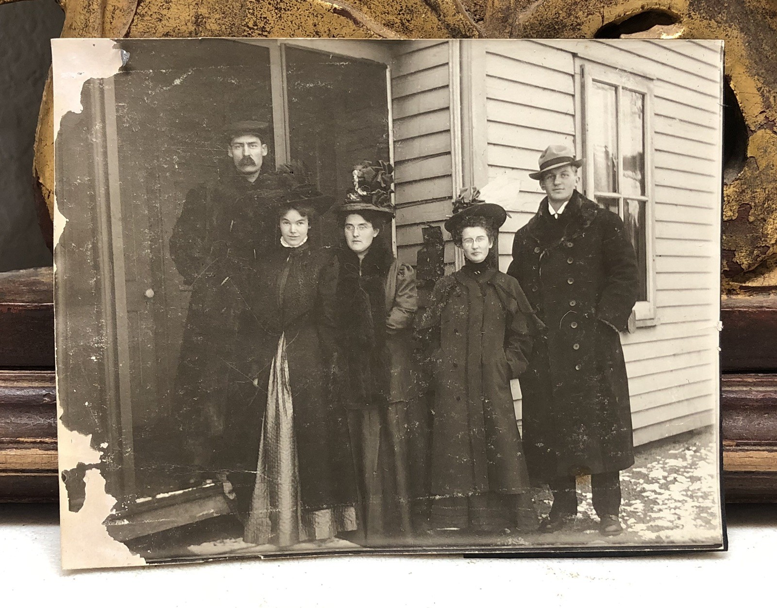 Family of 5 Posing in Front of House Well Dressed Winter Jackets c1910s Photo Family of 5 Posing in Front of House Well Dressed Winter Jackets c1910s Photo