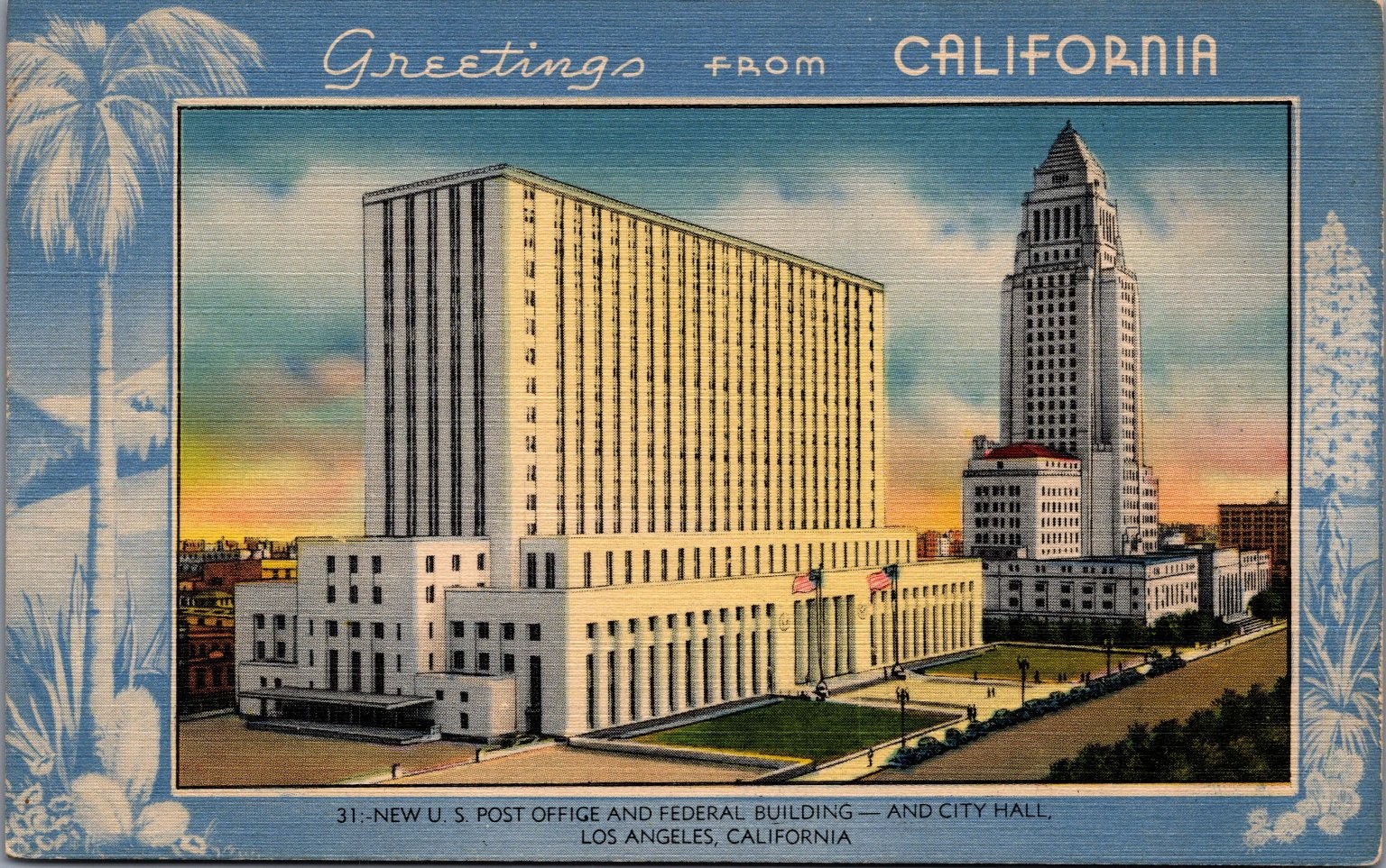 Greetings from California Los Angeles City Hall & Federal Building Linen Greetings from California Los Angeles City Hall & Federal Building Linen