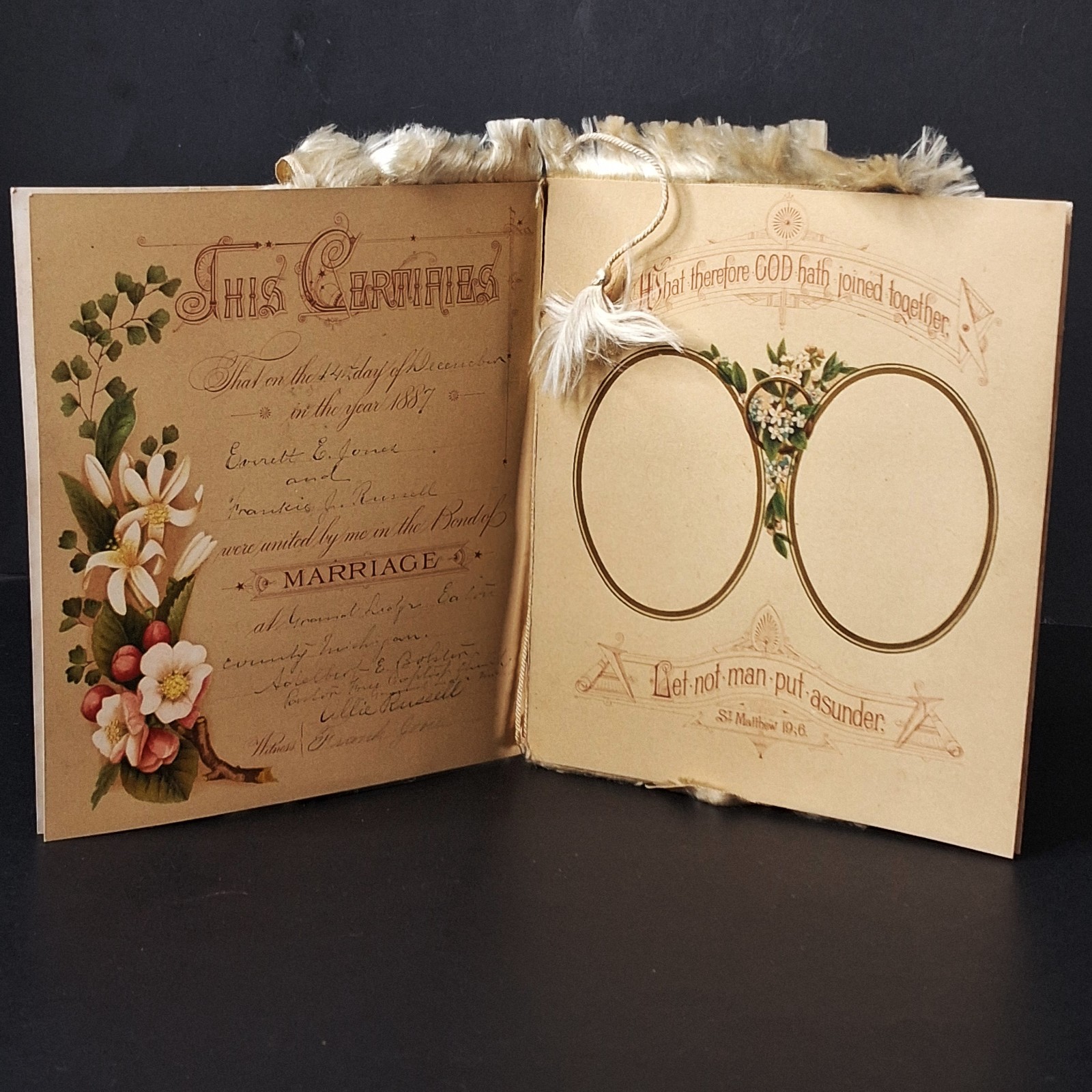 Antique Rare VICTORIAN 1887 Marriage Certificate Floral Michigan Love Wedding Antique Rare VICTORIAN 1887 Marriage Certificate Floral Michigan Love Wedding
