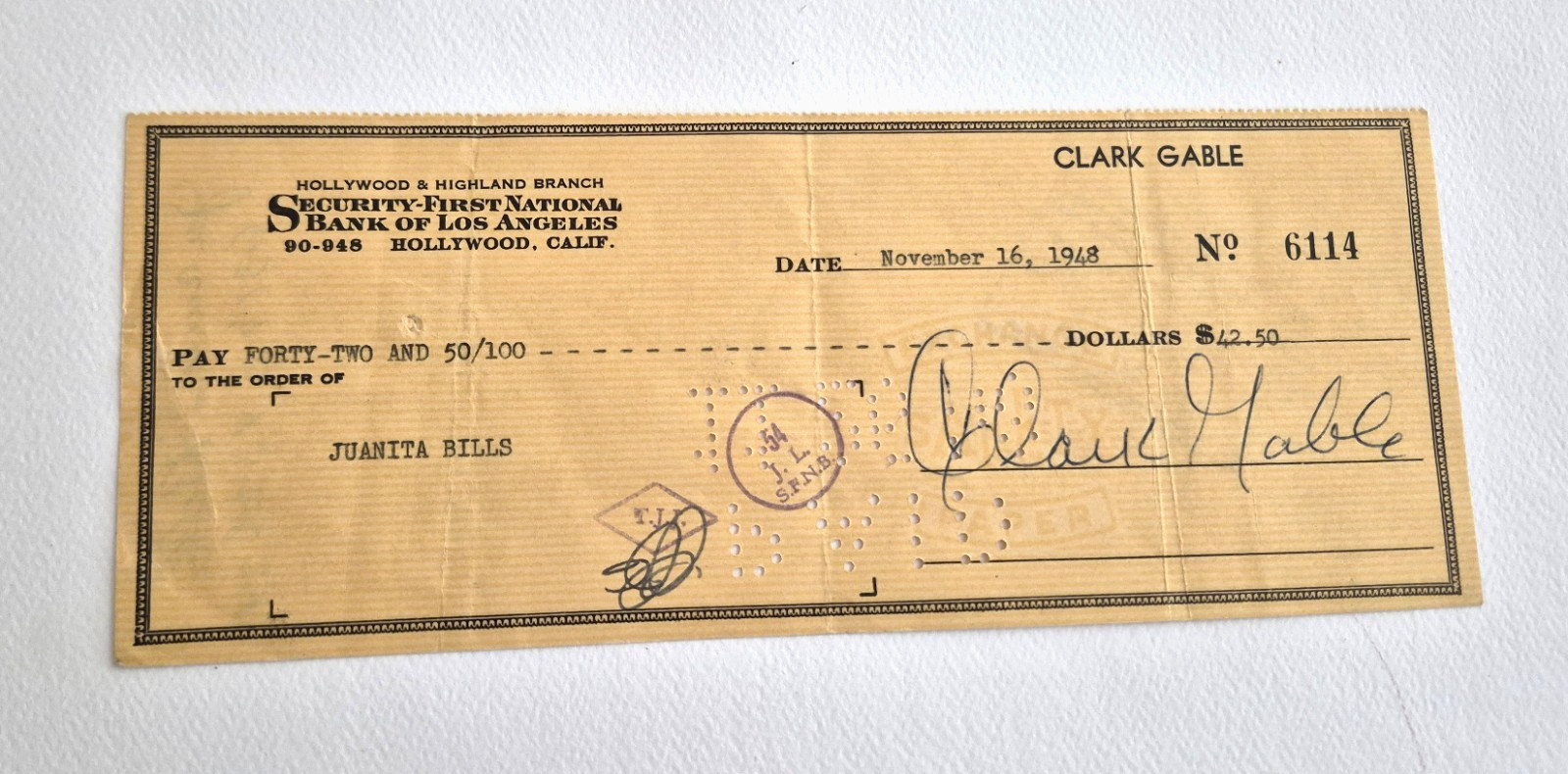Clark Gable Autographed Bank Check - 1948 - Clark Gable Autographed Bank Check - 1948 -