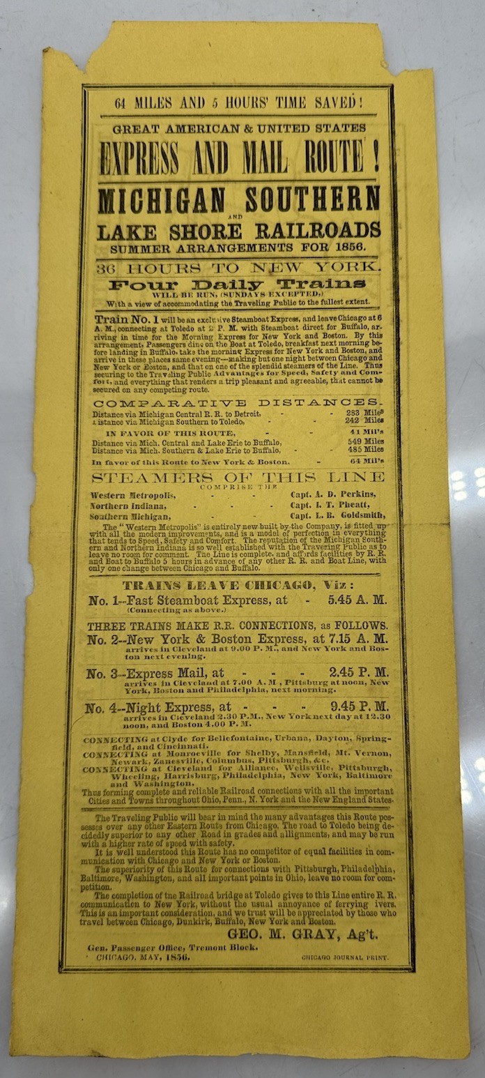 RARE 1856 Michigan Southern Railroad Bulletin  Pre-Civil War Map - Chicago Print