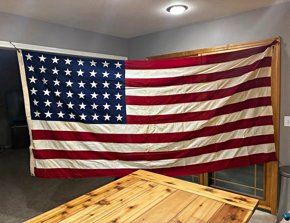 Vintage 48 Star American Flag 5x9.5 Ft Valley Forge Sewn Cotton c. 1942-1959 WWI