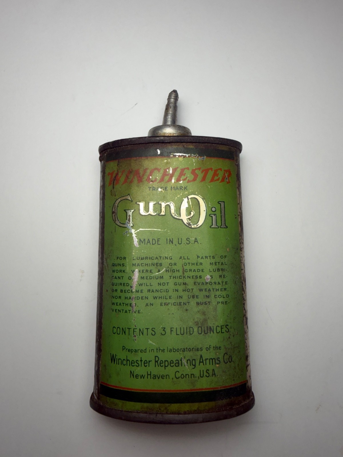 Vintage Winchester Gun Oil Can Green Tin Oiler Lead Spout Antique Firearms Empty