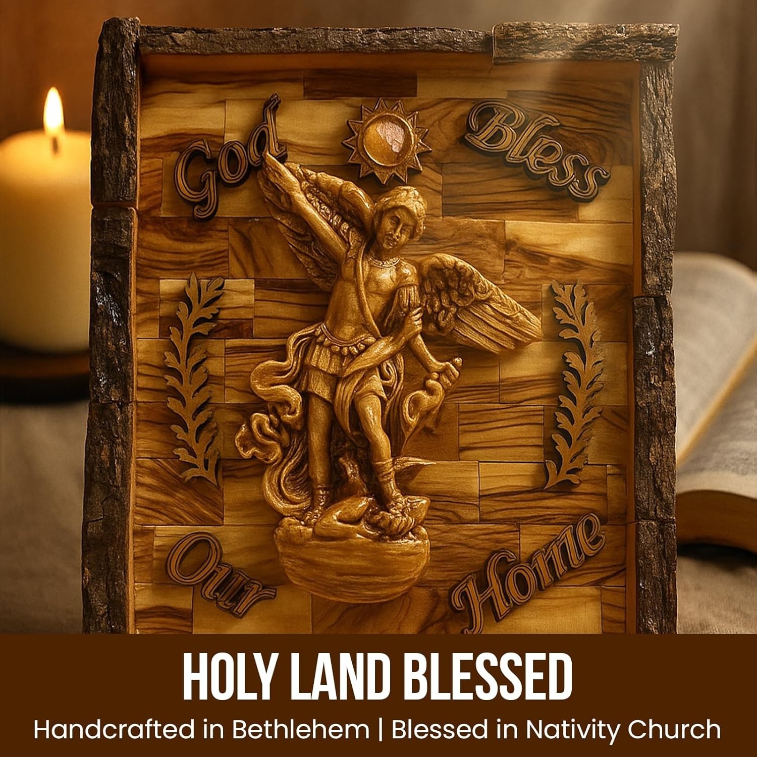 Holy Land Olive Wood St. Michael Archangel Wall Plaque, God Bless Our Home Hand Holy Land Olive Wood St. Michael Archangel Wall Plaque, God Bless Our Home Hand