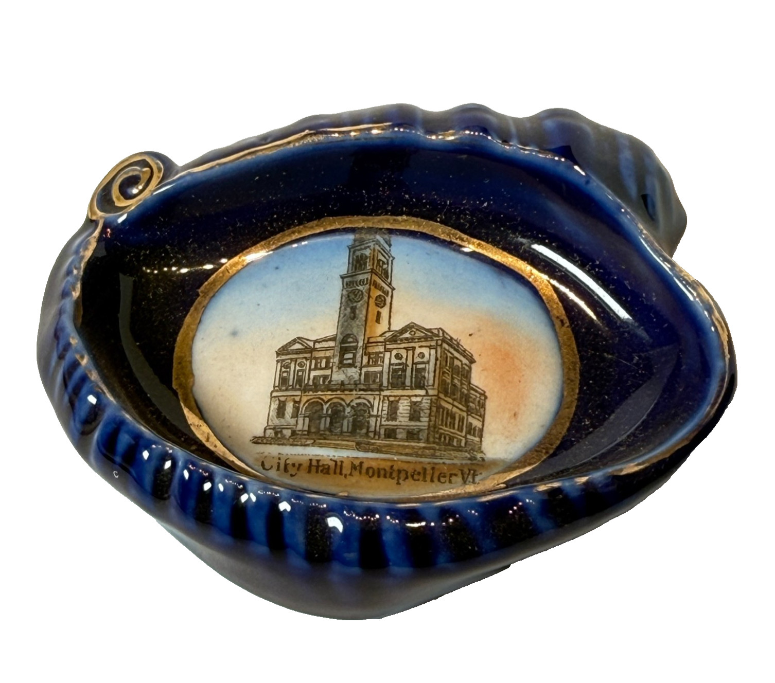 MONTPELIER VT City Hall  VERMONT ANTIQUE Souvenir China COBALT TRINKET ASHTRAY