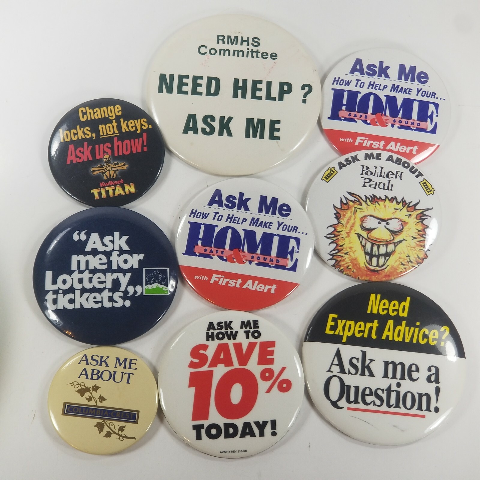 Vintage Ask Me About Salesman Advertising Button Pin Lot Pollen Paul First Alert