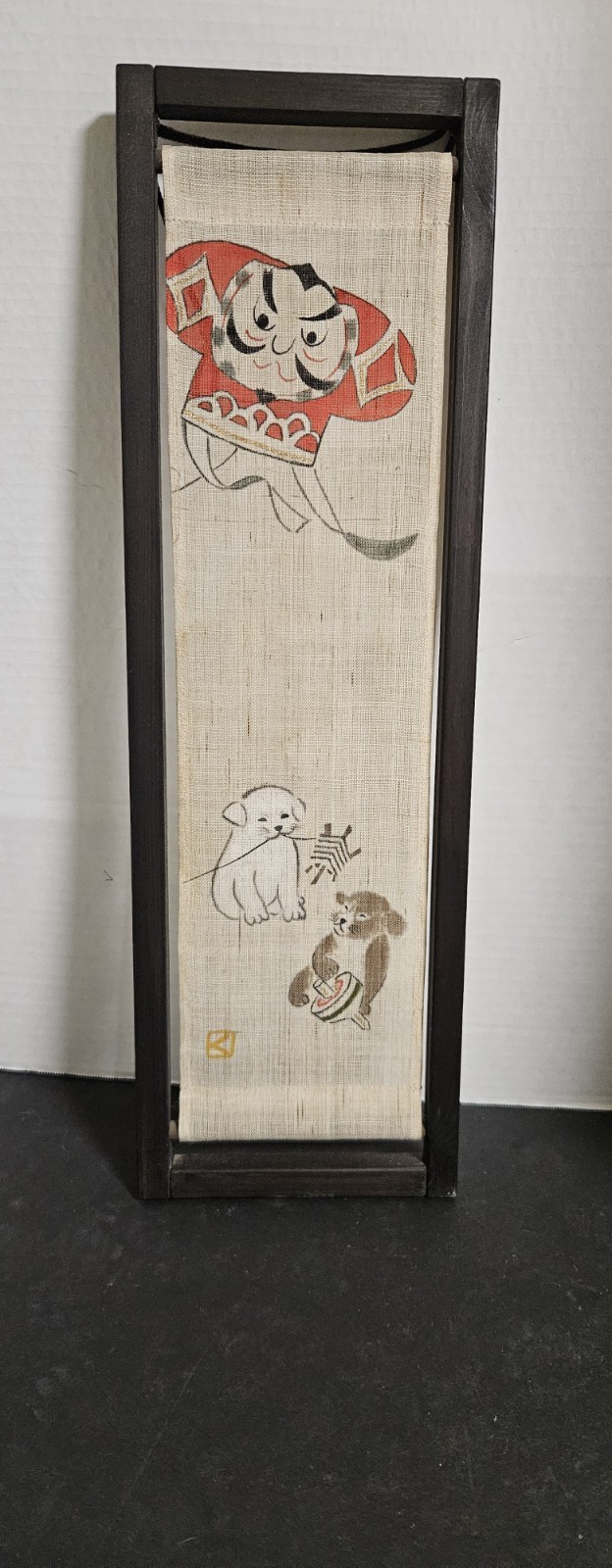 VTG Japanese Fabric Folk Art Painting Wooden Framed & Rope Hanger Excellent VTG VTG Japanese Fabric Folk Art Painting Wooden Framed & Rope Hanger Excellent VTG