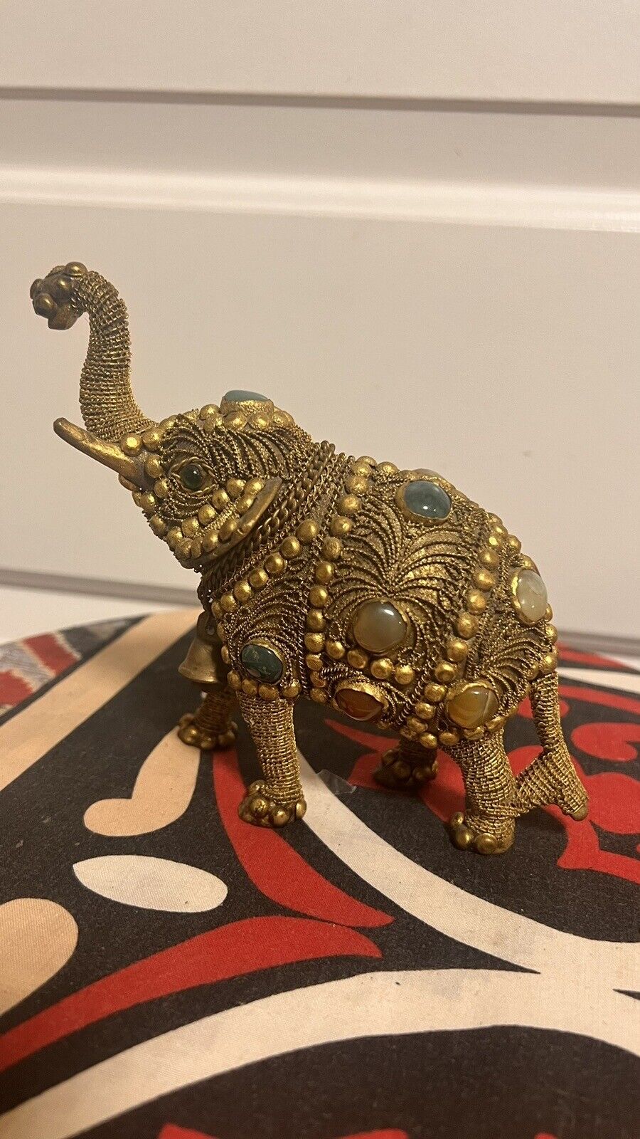 Indo Persian Brass Ornate Twisted Wire Semiprecious Gems Jewel Elephant Figurine