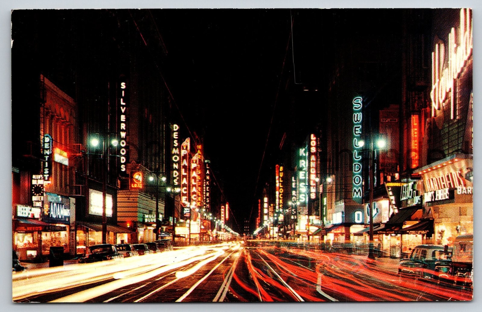 vtg Postcard Los Angeles California Broadway Night View Neon Street View LA 1960