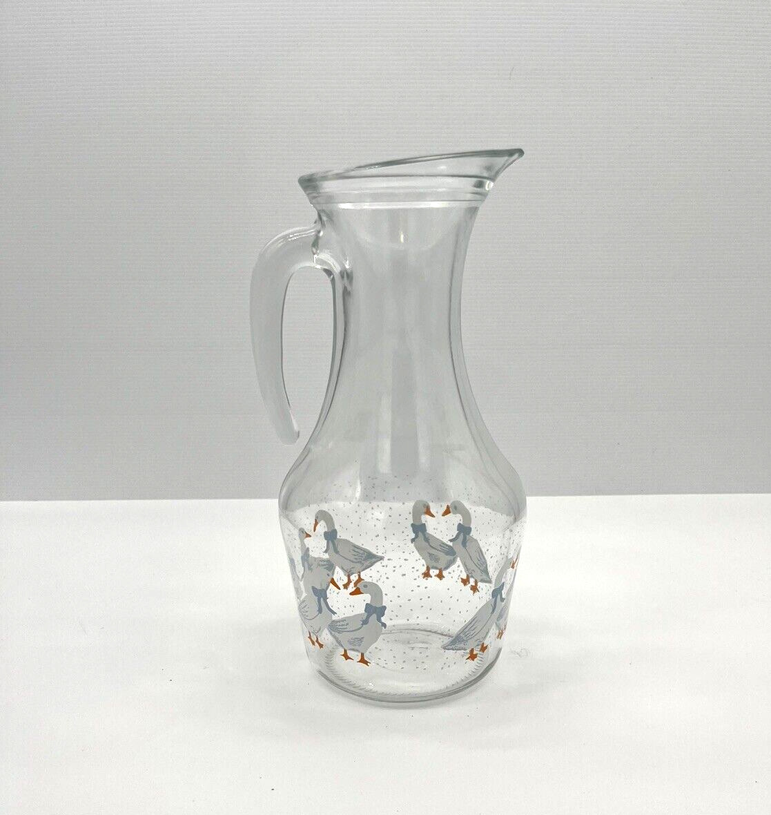 Vintage Made in France Glass Pitcher Jug Blue Country Goose Pattern