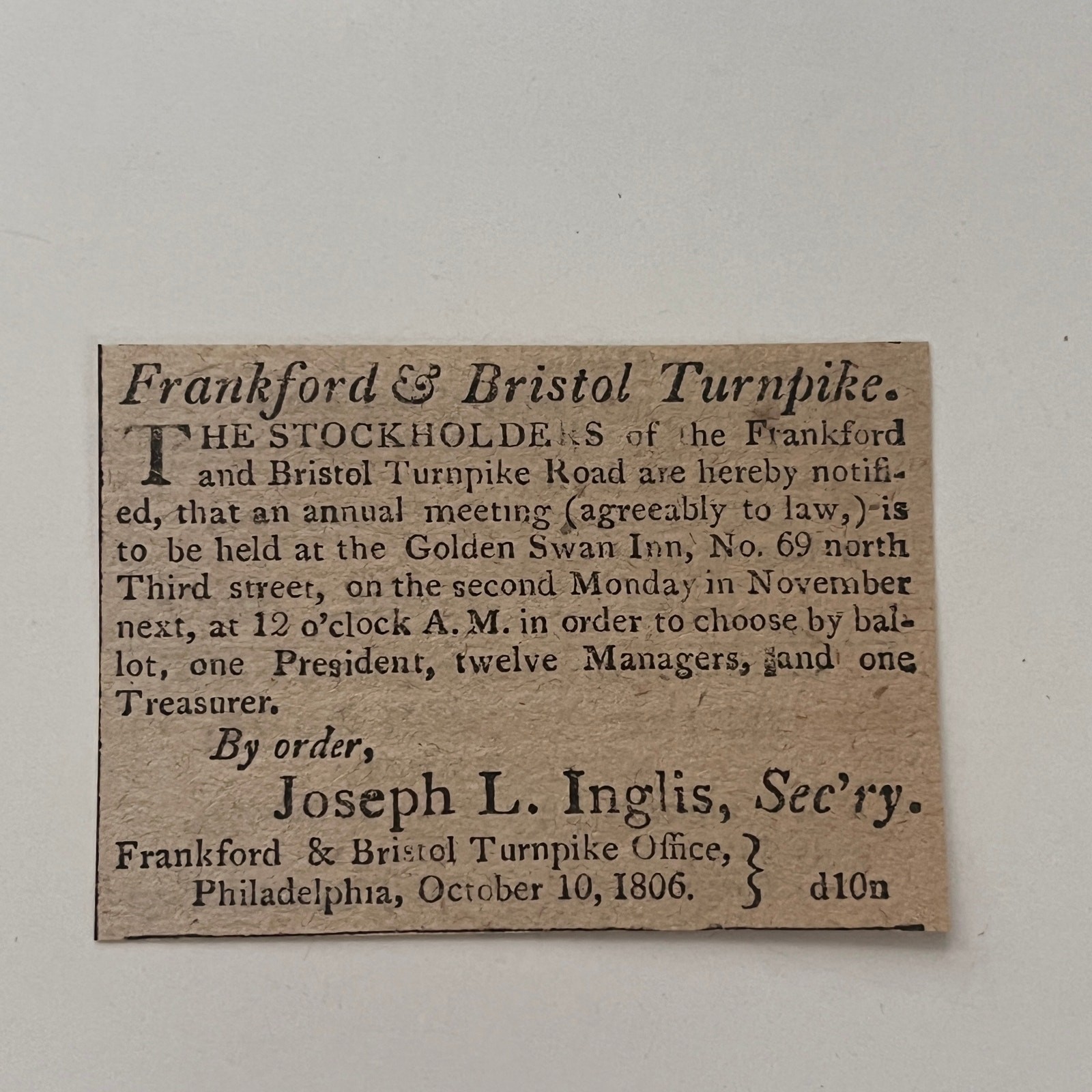 Frankford & Bristol Turnpike J Inglis Phila 1806 Philadelphia Clipping SAJ5-S38 Frankford & Bristol Turnpike J Inglis Phila 1806 Philadelphia Clipping SAJ5-S38