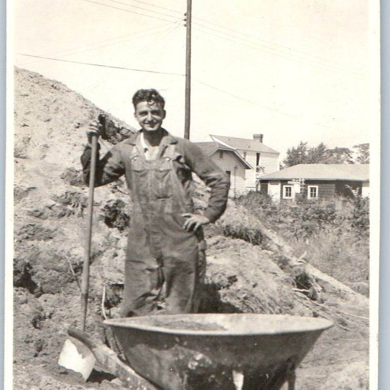 c1940s Handsome Young Man Overalls Shovel Wheelbarrow Labor Worker Photo 4 c1940s Handsome Young Man Overalls Shovel Wheelbarrow Labor Worker Photo 4