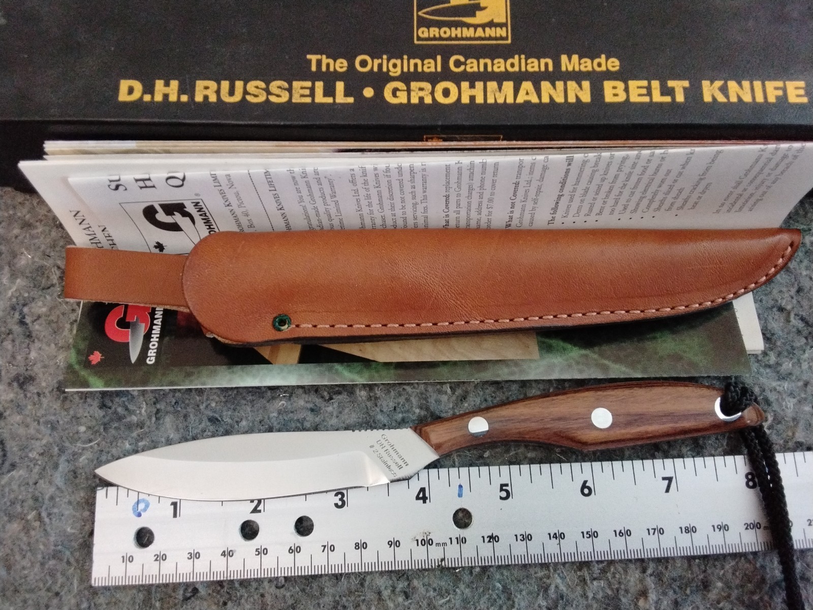 Grohmann #2 Trout & Bird Belt Knife D.H. Russell Canada Rosewood Handles Sheath