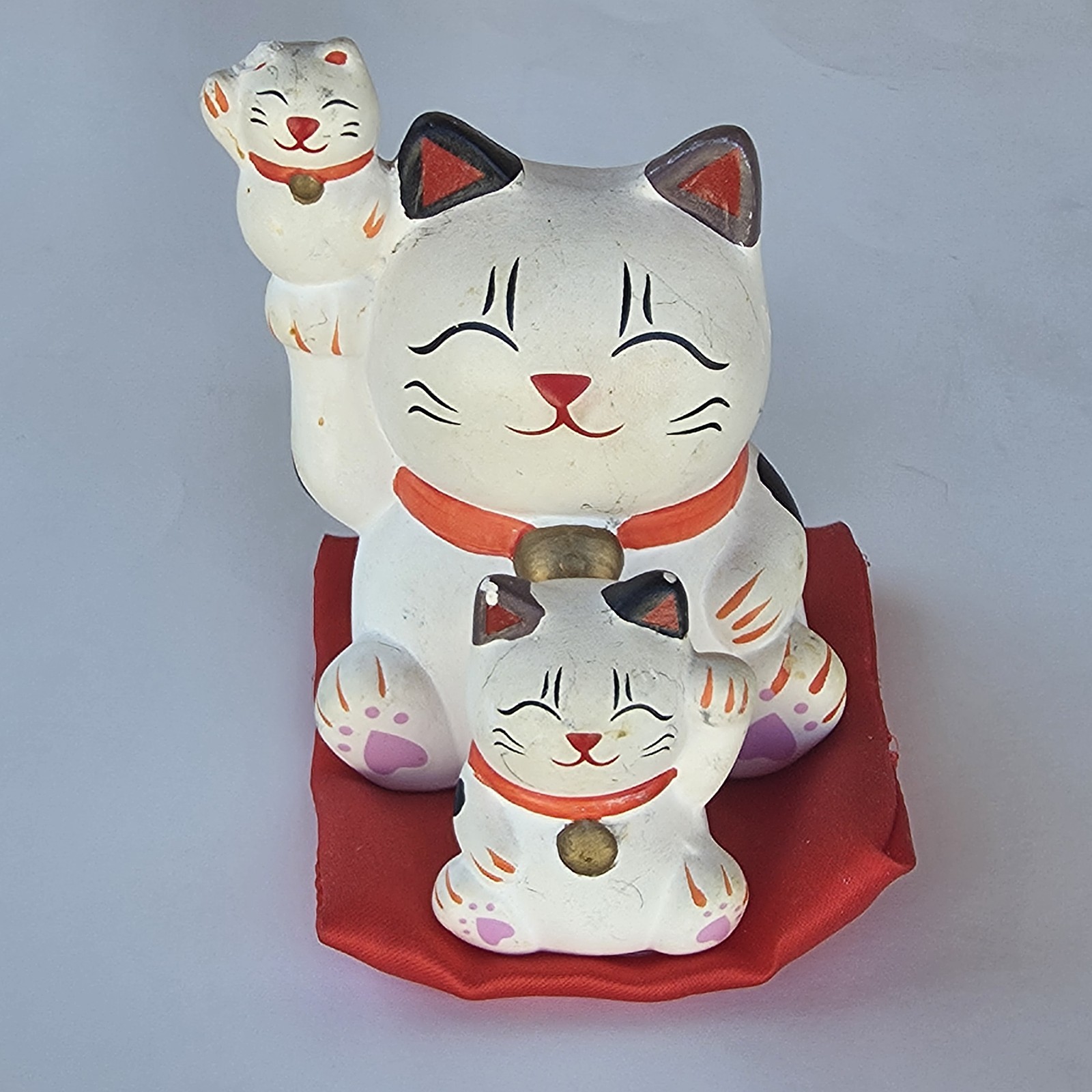 Vintage Beckoning Lucky Cat Family Neko Satin Pillow Pouch Japanese Porcalain