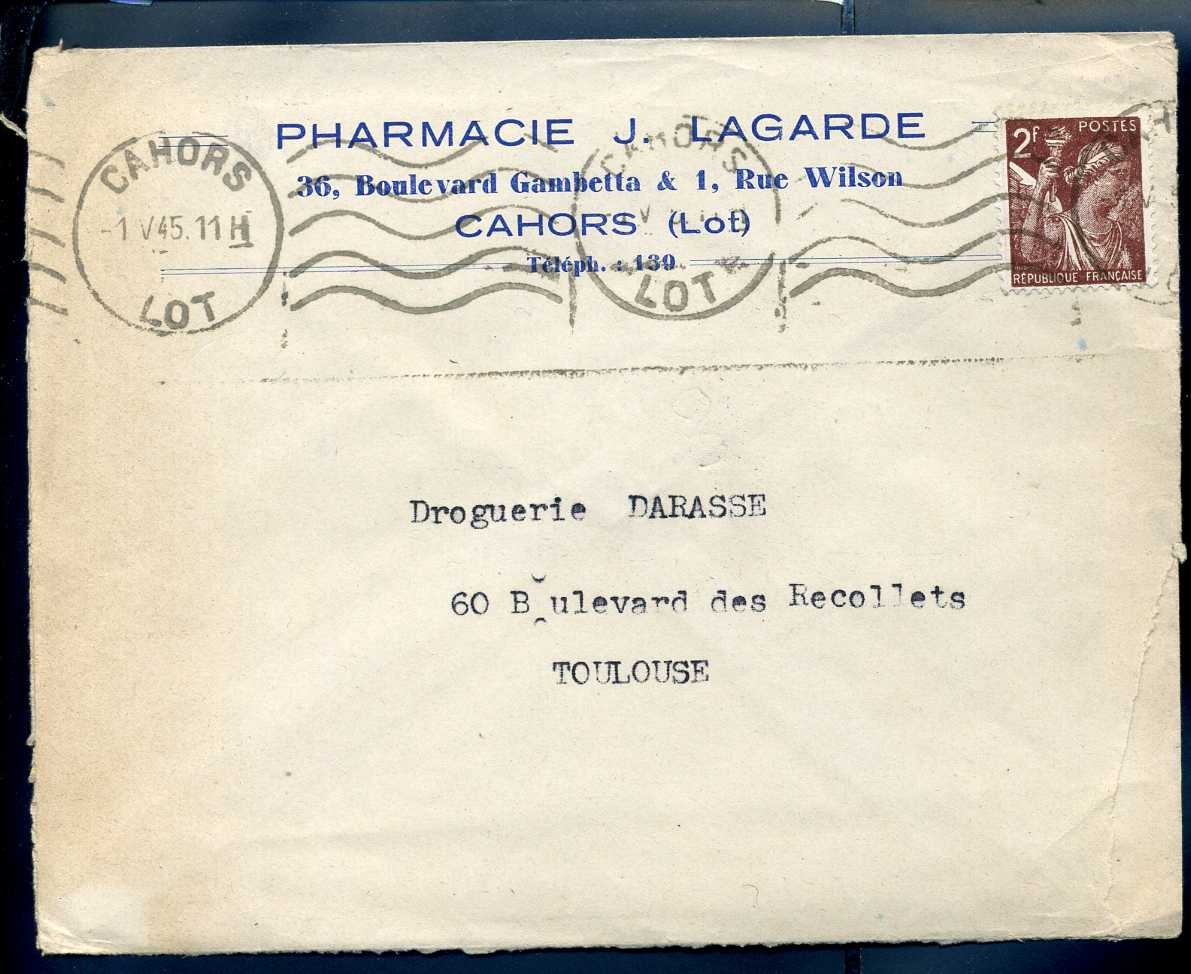 Marcophilia - advertising pharmacy j.lagarde à cahors lot 01-05-1945 n°-377