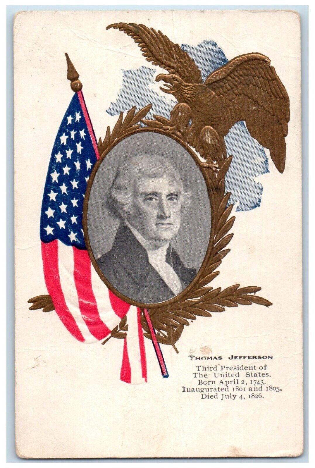 c1905 Thomas Jefferson Third President Of United States Embossed Flag Postcard