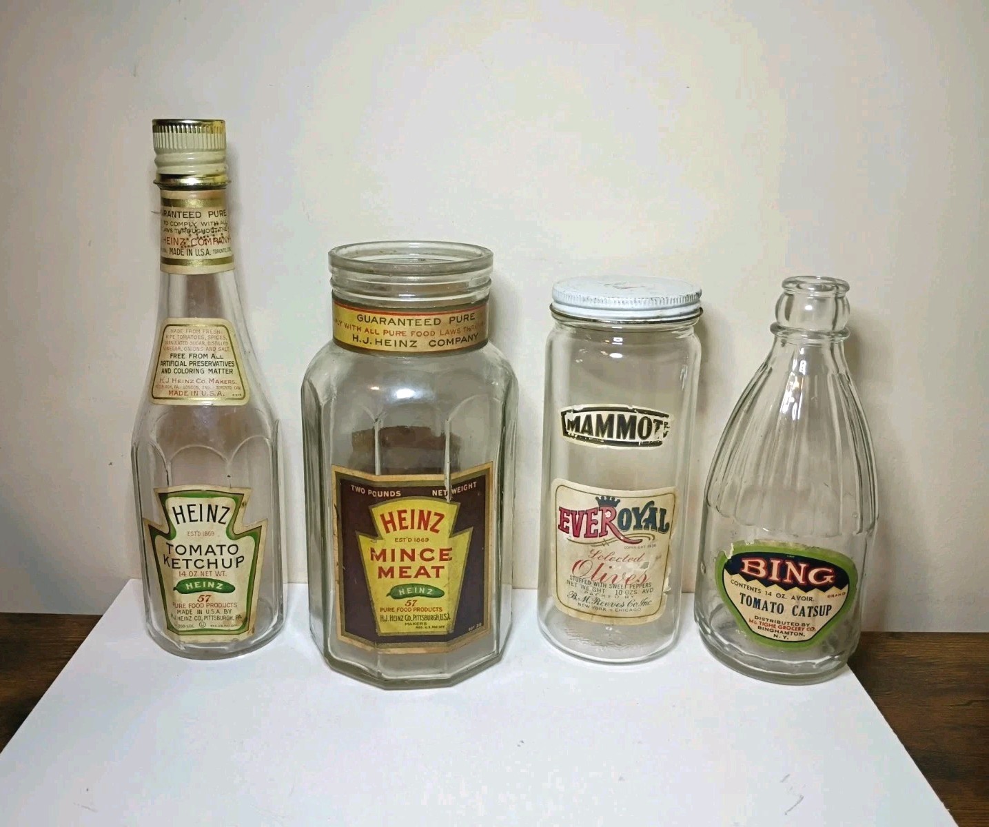 Lot Of 4 Vintage Food & Sauce Bottles Heinz Ketchup Mince Meat Everoyal Olives Lot Of 4 Vintage Food & Sauce Bottles Heinz Ketchup Mince Meat Everoyal Olives