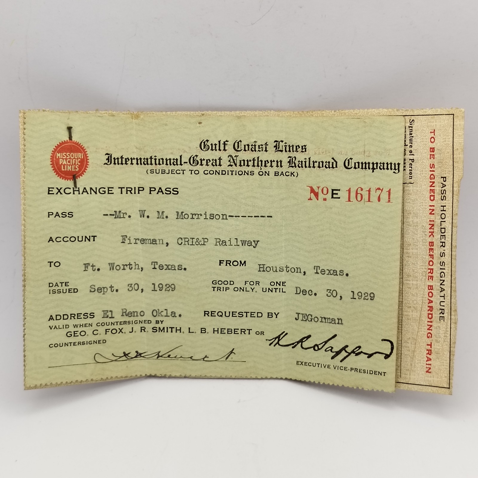 Vintage 1929 Railroad Employee Trip Pass Lot - I-GN & CRI&P - Historical