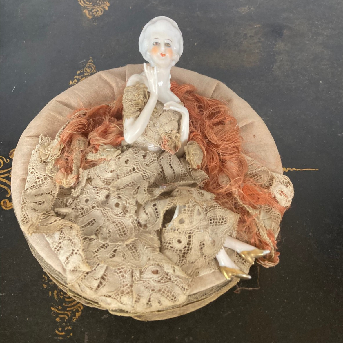 Vintage French Porcelain half-doll on a lace-covered lidded box