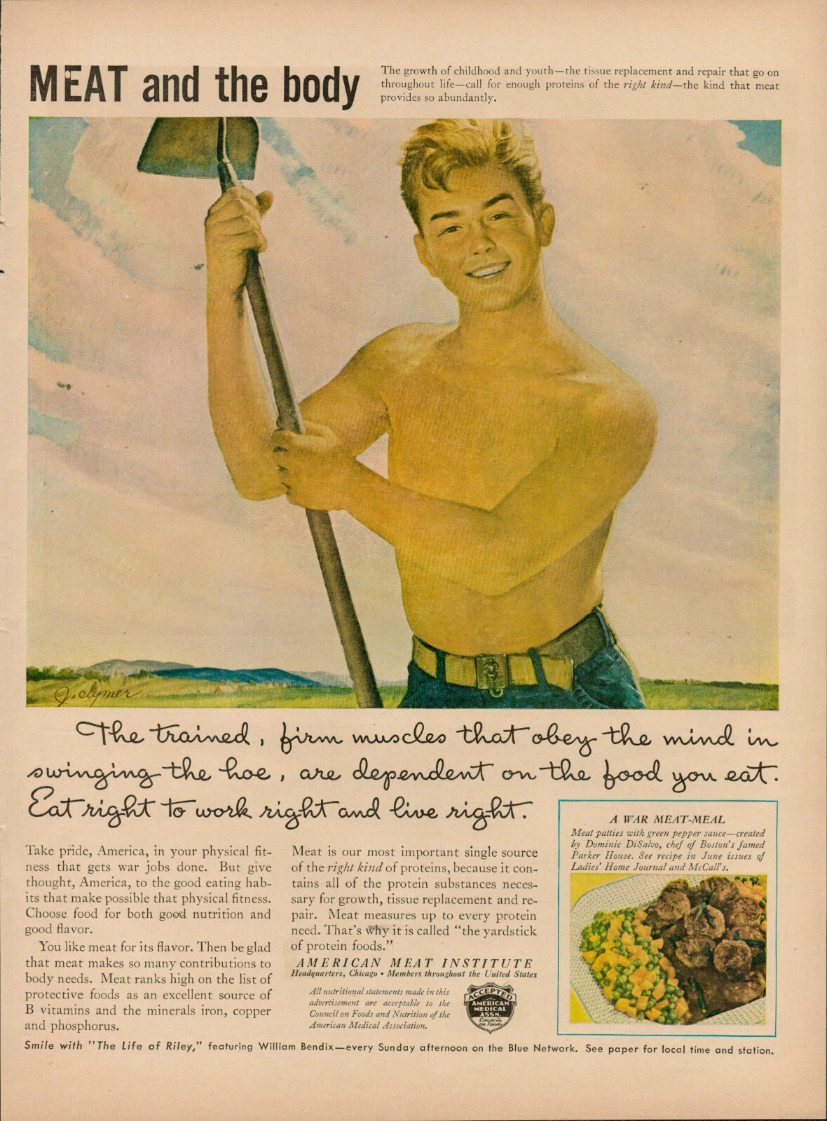 1944 American Meat Institute 1940s Vintage Print Ad Boy Garden Hoe Muscles Mind