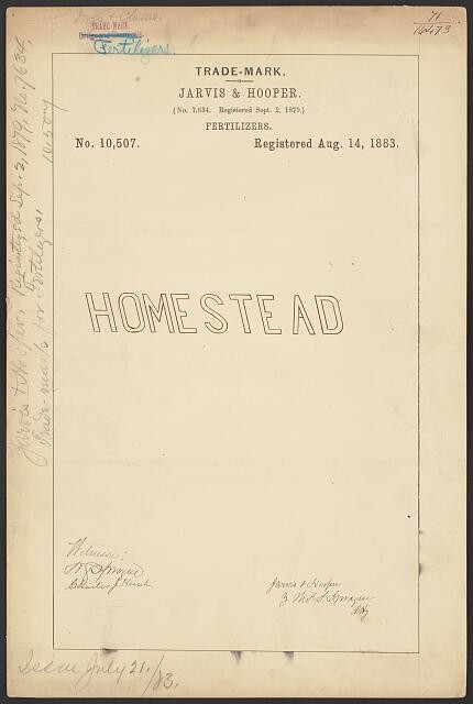 Photo:Jarvis Hooper Homestead Fertilizers Trademark Registration 1883