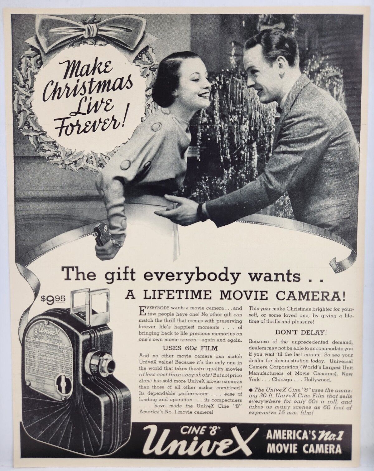 1937 Univex Movie Camera Christmas Vintage Print Ad Poster Man Cave Art Deco 30s