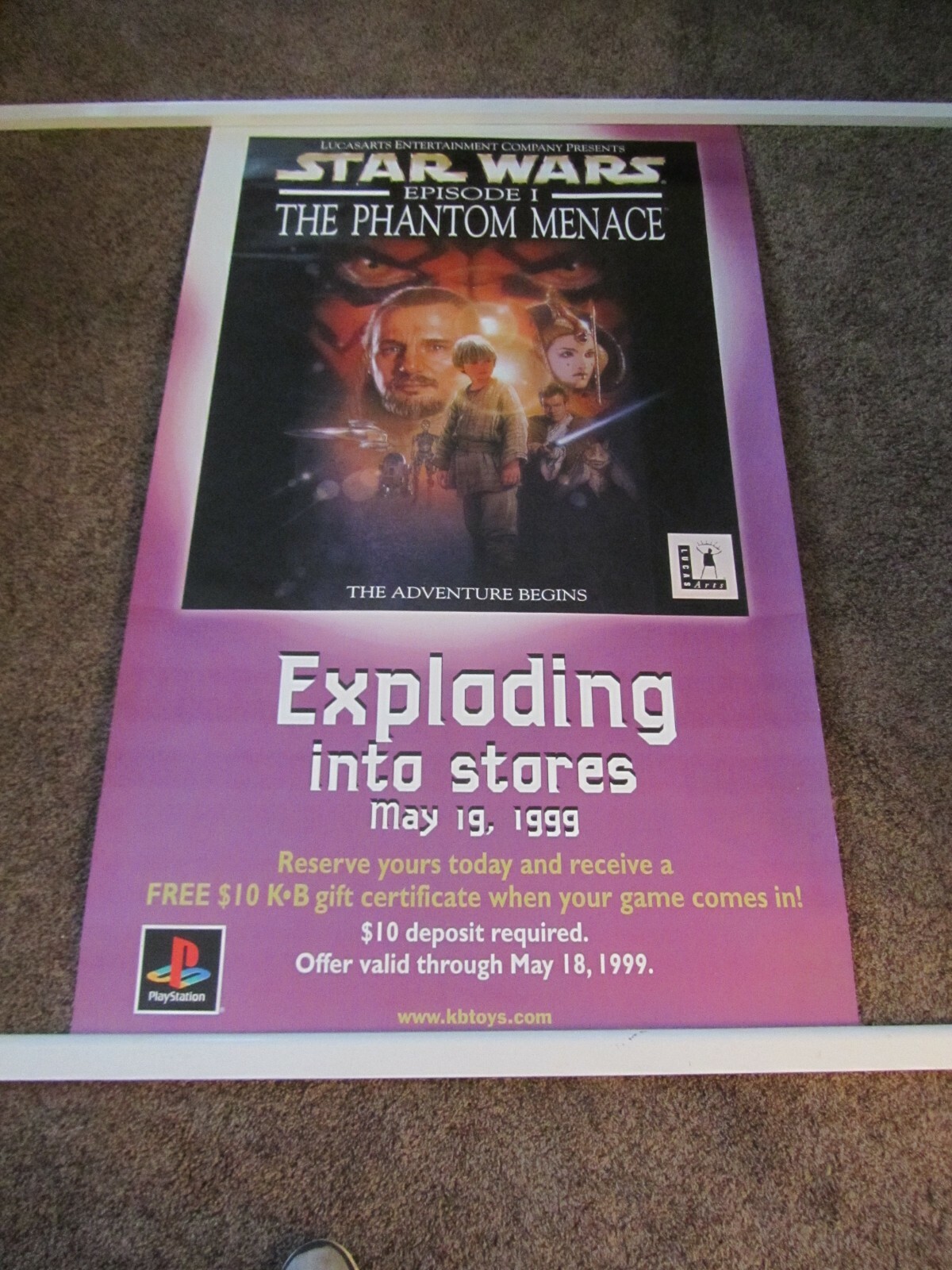 1999 Playstation Star Wars Phantom Menace game; KB Toys pre-sale poster- 3' x 5'