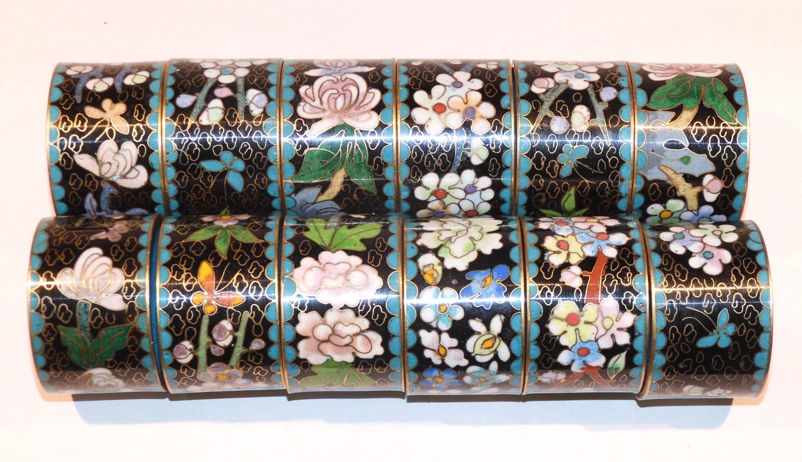 Set 12 Vintage Cloisonné Napkin Rings 3 Floral Designs | Turquoise Centers VGC Set 12 Vintage Cloisonné Napkin Rings 3 Floral Designs | Turquoise Centers VGC