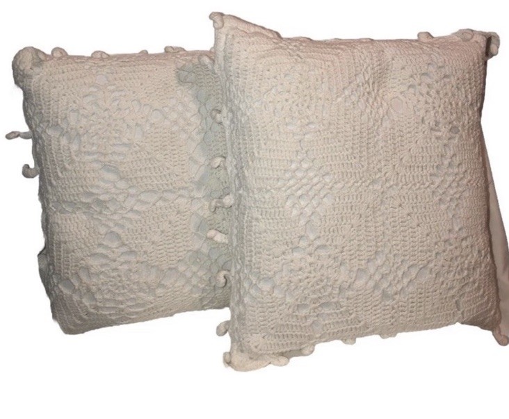 Heritage Lane Vintage Crochet Lace 14” 2 Pillows White Cottage Chic