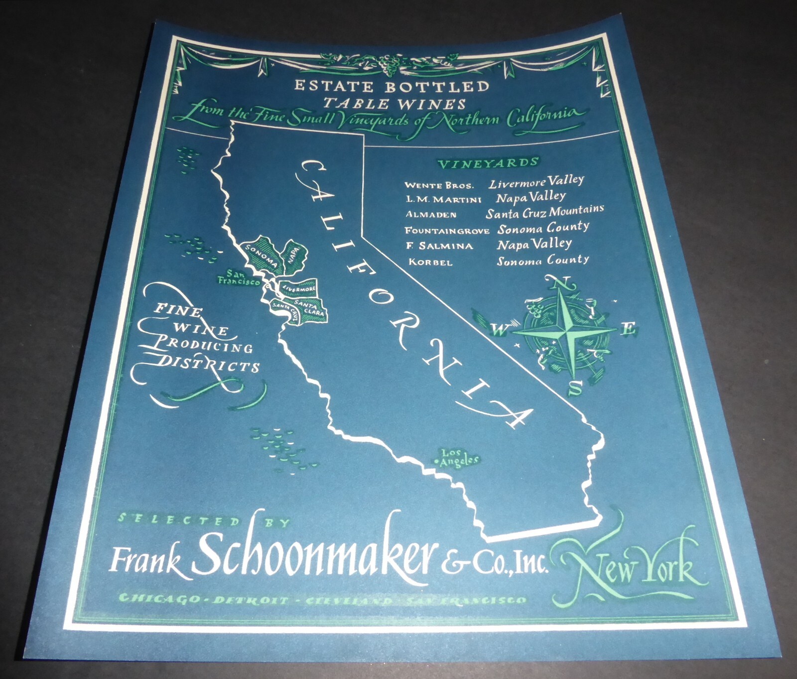 ORIGINAL VINTAGE CALIFORNIA WINE POSTER FRANK SCHOONMAKER NAPA SONOMA C1950 M39 ORIGINAL VINTAGE CALIFORNIA WINE POSTER FRANK SCHOONMAKER NAPA SONOMA C1950 M39