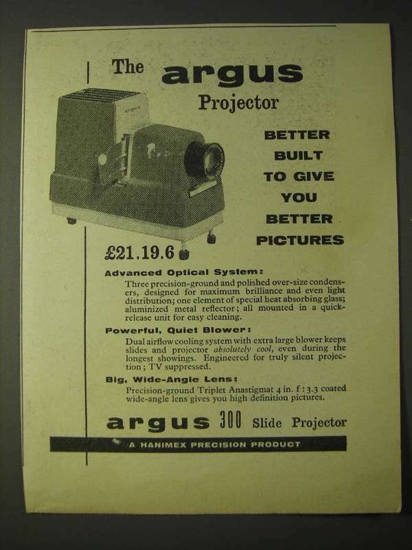1958 Argus 300 Slide Projector Ad - The Argus Projector Better built to give