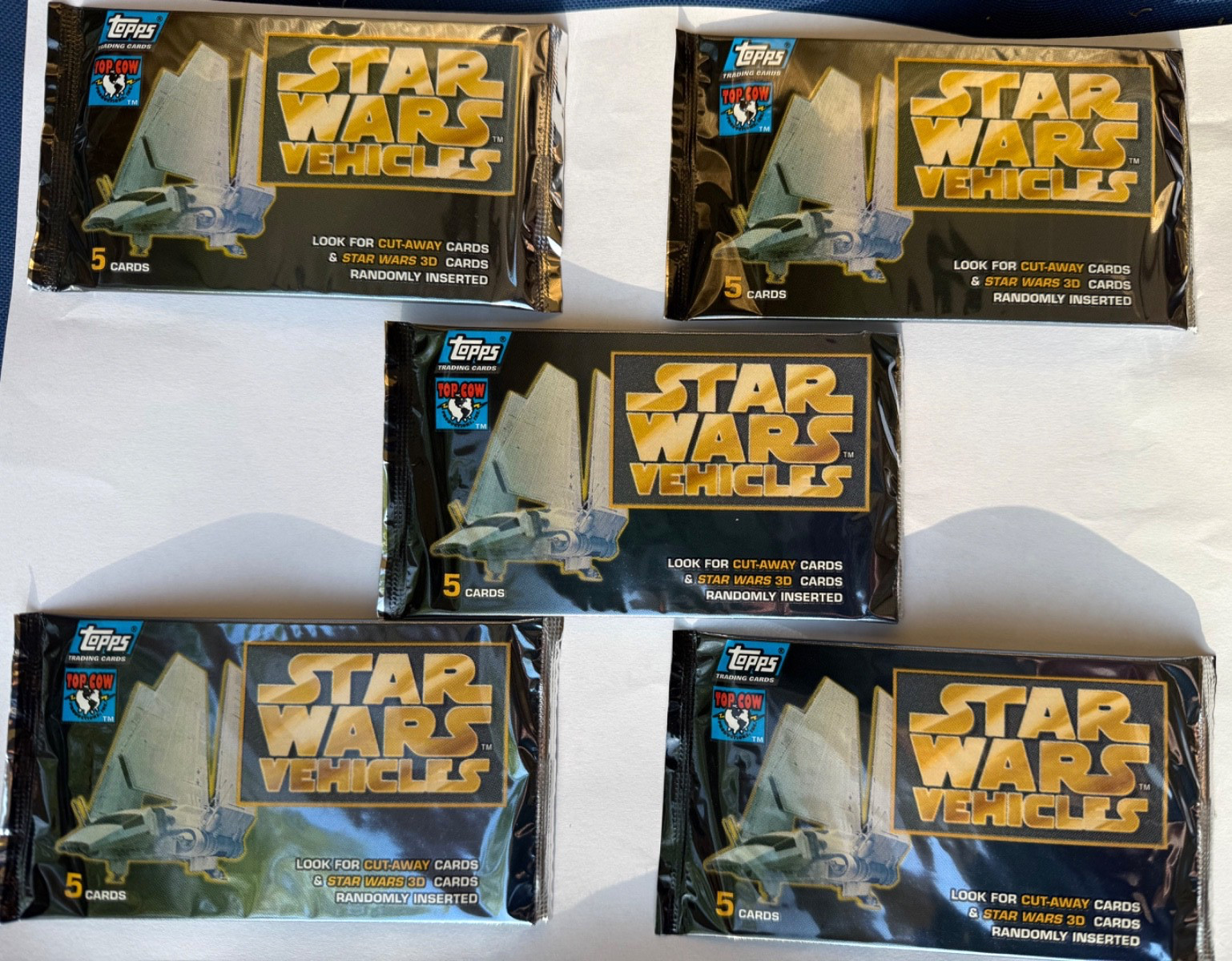 Five 1997 Topps STAR WARS Vehicles Factory Sealed Movie Trading Card Foil Packs Five 1997 Topps STAR WARS Vehicles Factory Sealed Movie Trading Card Foil Packs