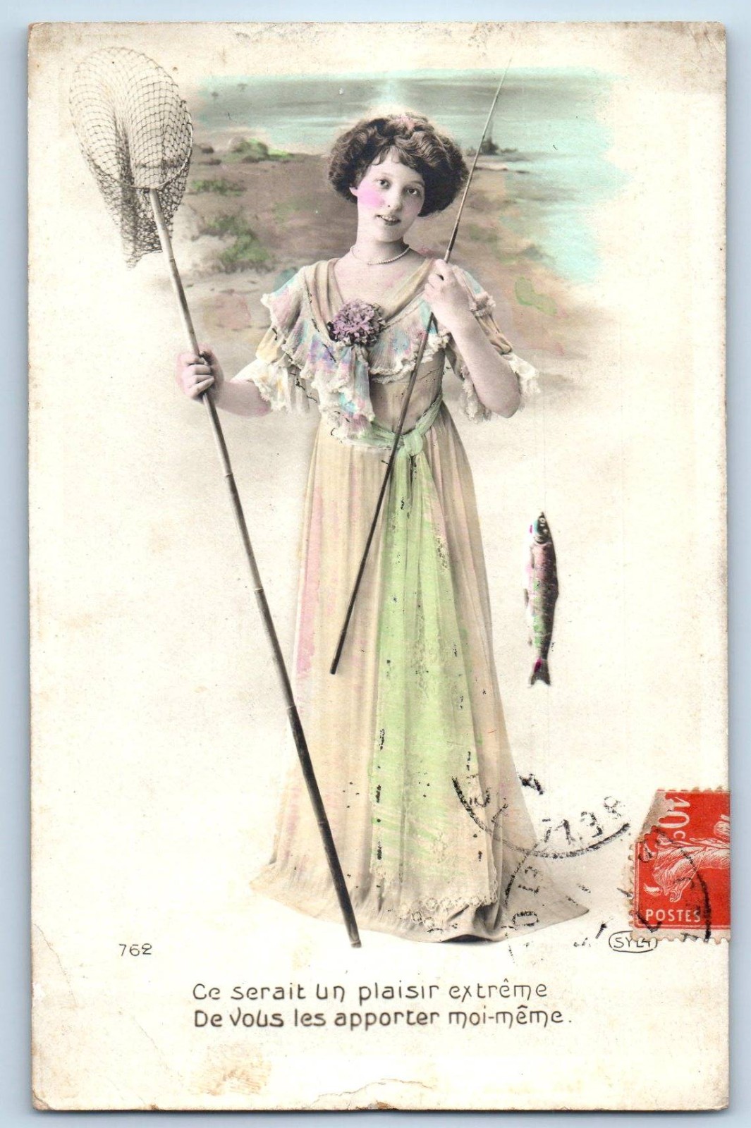 c1910's Woman Fishing Fish Net April Fools RPPC Photo Posted Antique Postcard c1910's Woman Fishing Fish Net April Fools RPPC Photo Posted Antique Postcard
