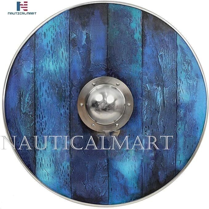 NauticalMart Aged Wood Viking Shield in Oceanic Blue - SCA/LARP/Norse/Norway/Ant