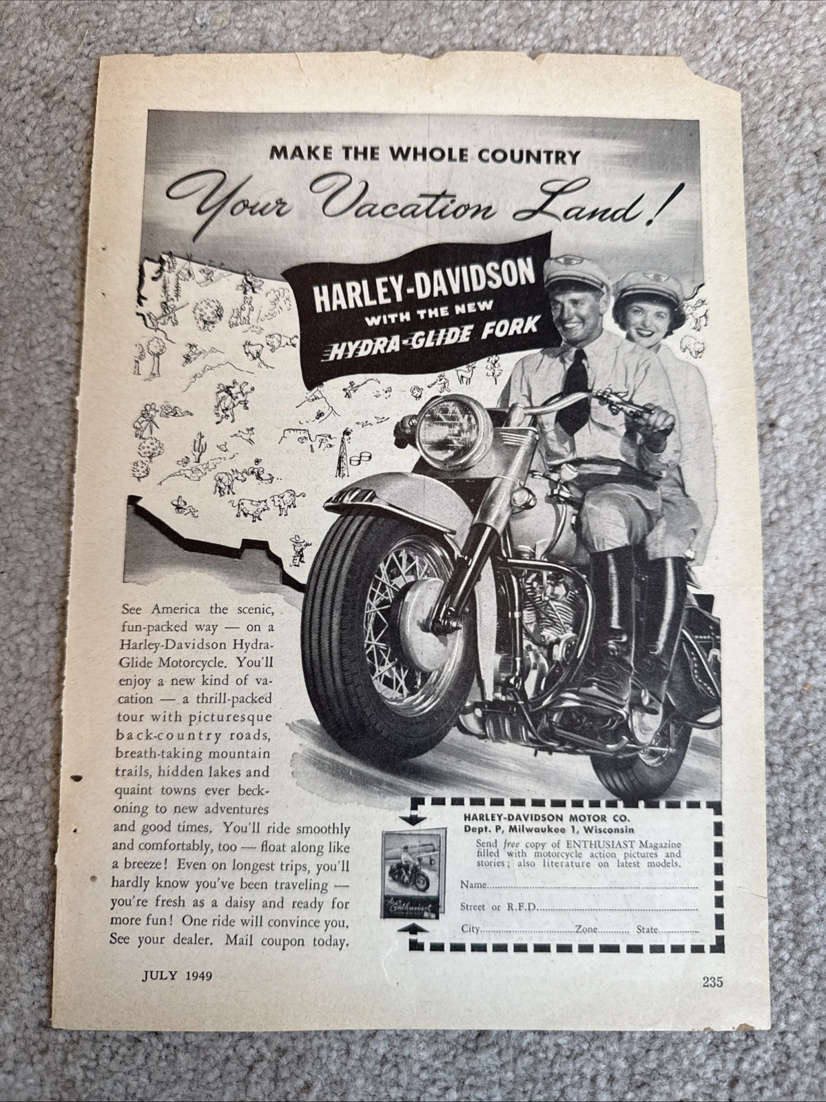 vtg HARLEY DAVIDSON MOTORCYCLES Ad Evinrude Popular mechanics 1949
